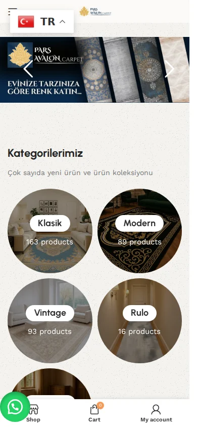 Avalon Carpet web sitesi mobil ekranı